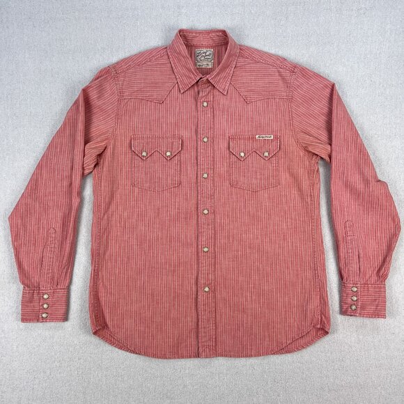 Lucky Brand Western Pearl Snap Shirt Mens M Pink Stripe Sawtooth Pocket Cowboy - Picture 2 of 11